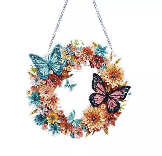 5D DIY Colourful Floral Butterfly Wreath Diamond Painting Kit Acrylic Hanging
