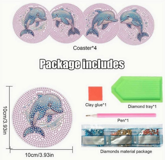 4pcs 5D Diamond Art Coasters Dolphin Coasters DIY Blue Diamond Coasters Kit