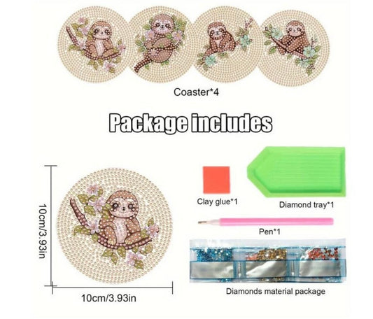 4pcs 5D Diamond Art Coasters Cute Sloth Kit