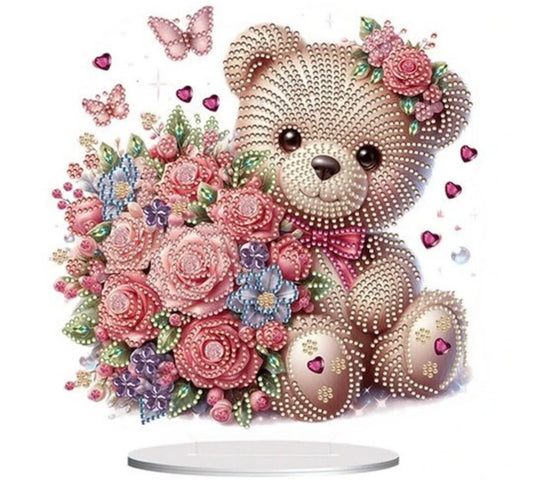 5D DIY Teddy Bear with Flowers Diamond Art Kit Rhinestone Table Top Decoration