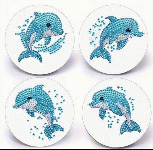 4pcs 5D Diamond Art Coasters Dolphin Coasters DIY Blue Diamond Coasters Kit